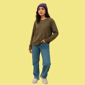 🌿 Eight Eight Eight Olive & Taupe Striped 100% Cotton Long Sleeve Tee (Size L)